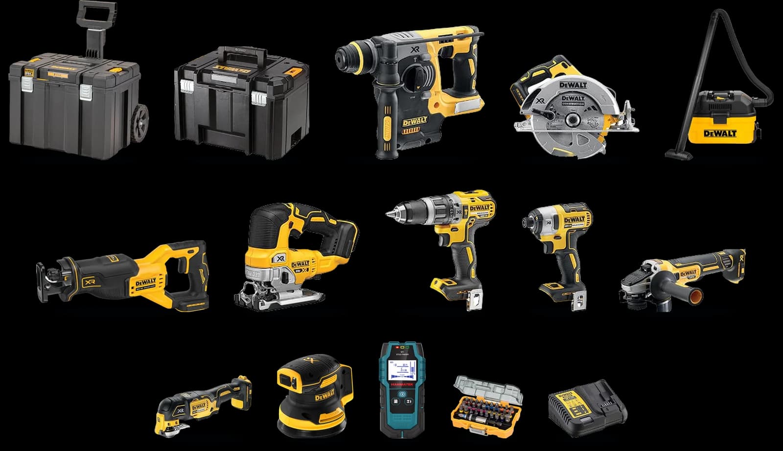 Our DeWalt 18V XR cordless kit: TSTAK trolley and case, SDS hammer drill, circular saw, vacuum, reciprocating saw, jigsaw, combi drill, impact driver, angle grinder, multi-tool, sander, stud finder, bit set and charger.